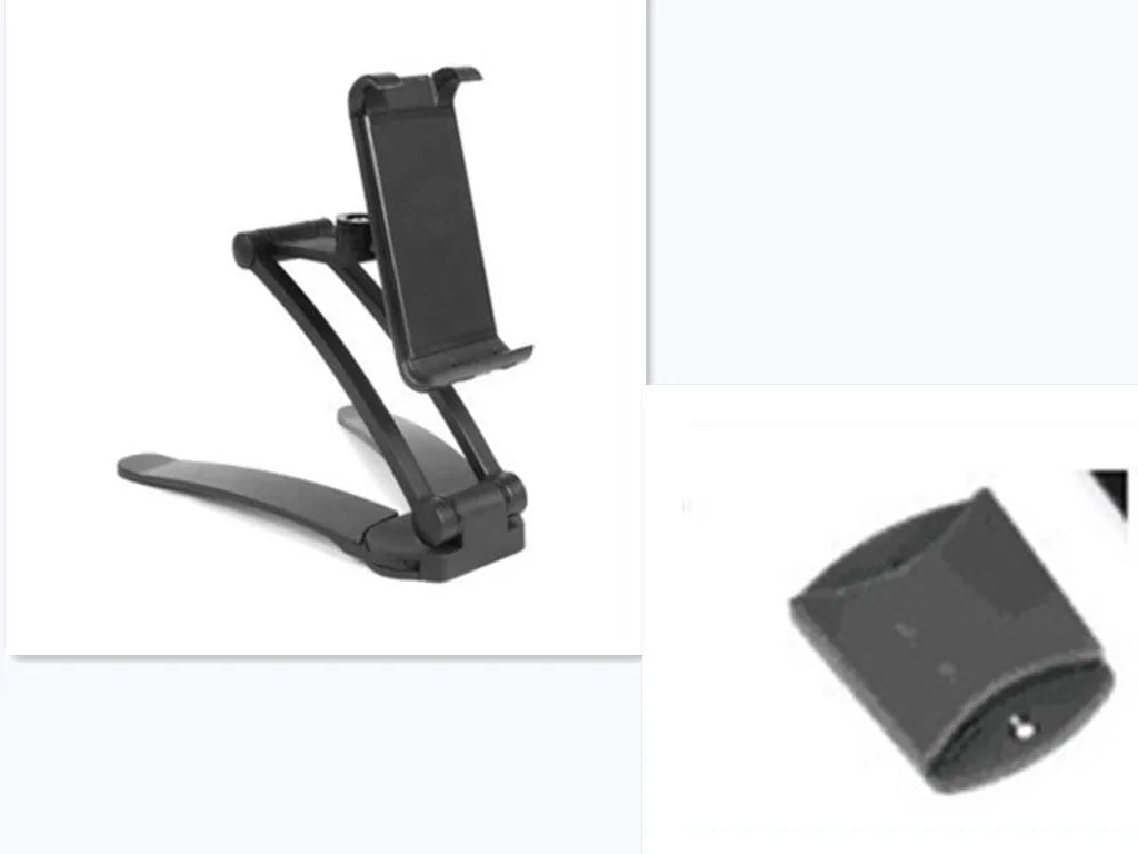 Aluminium alloy desktop tablet stand with adjustable clips and 360-degree rotation for tablets up to 10.5 inches
