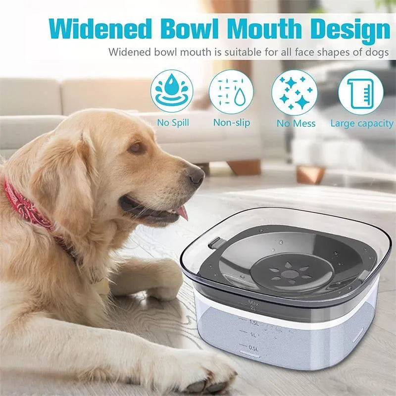 Clear plastic dog water bowl showing water level, with a white floating disc inside on a non-slip base.