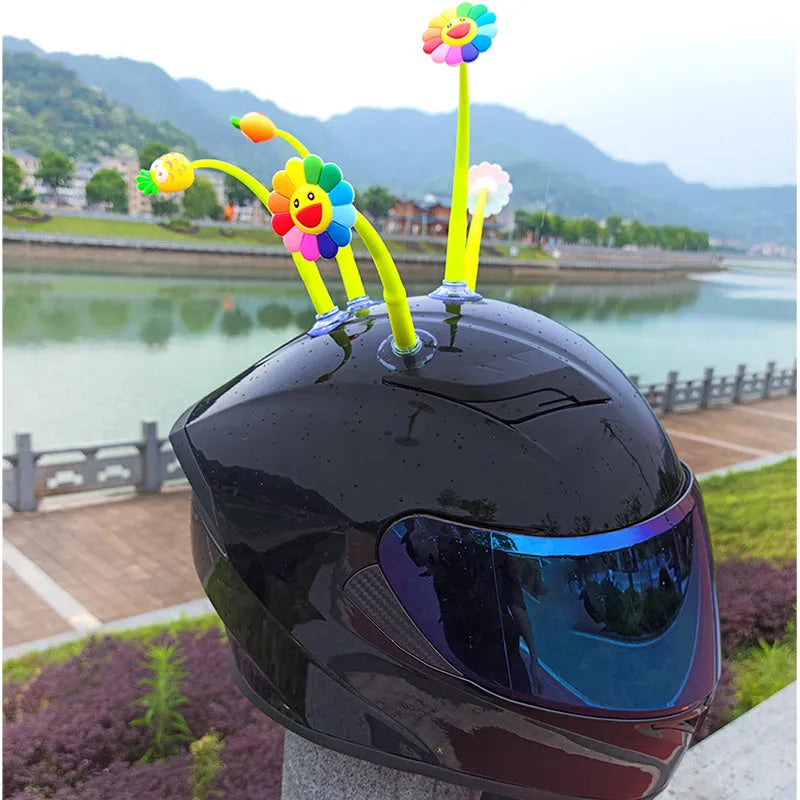 Yellow silicone sunflower helmet decoration with green stem and 3cm suction cup attachment