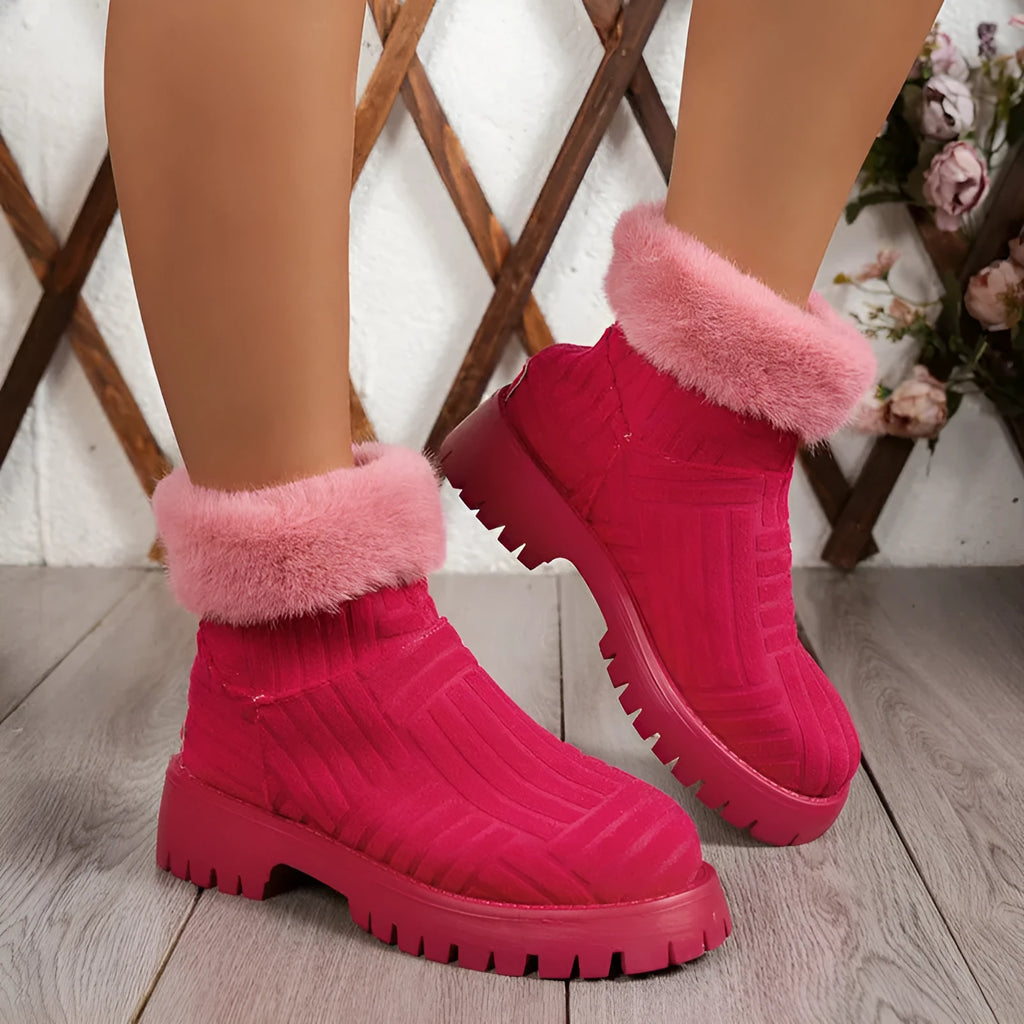 Women's winter ankle boots with thick rubber sole, artificial PU upper and cotton lining, in green or rose red