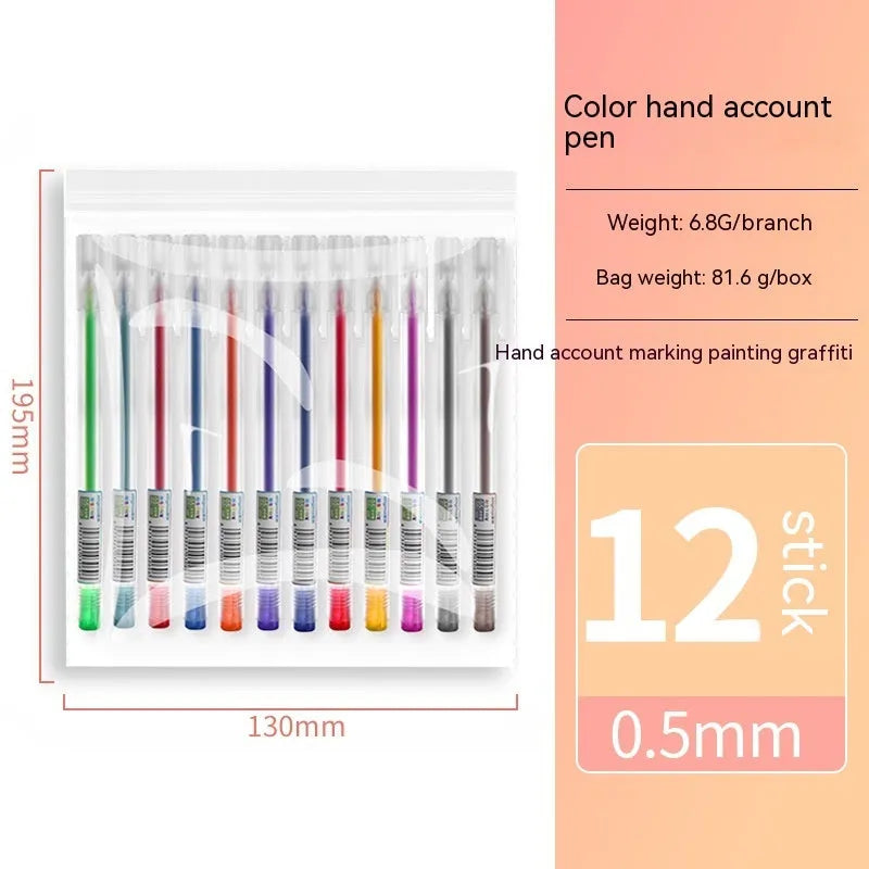 Boxed set of twelve coloured gel pens with 0.5mm fine points on a white background.