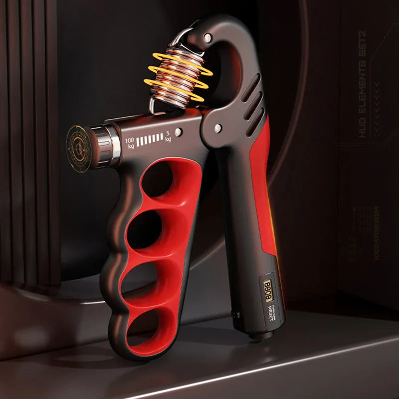 Adjustable electronic count spring grip with digital display, orange counter, and contoured PP handles for hand strength training
