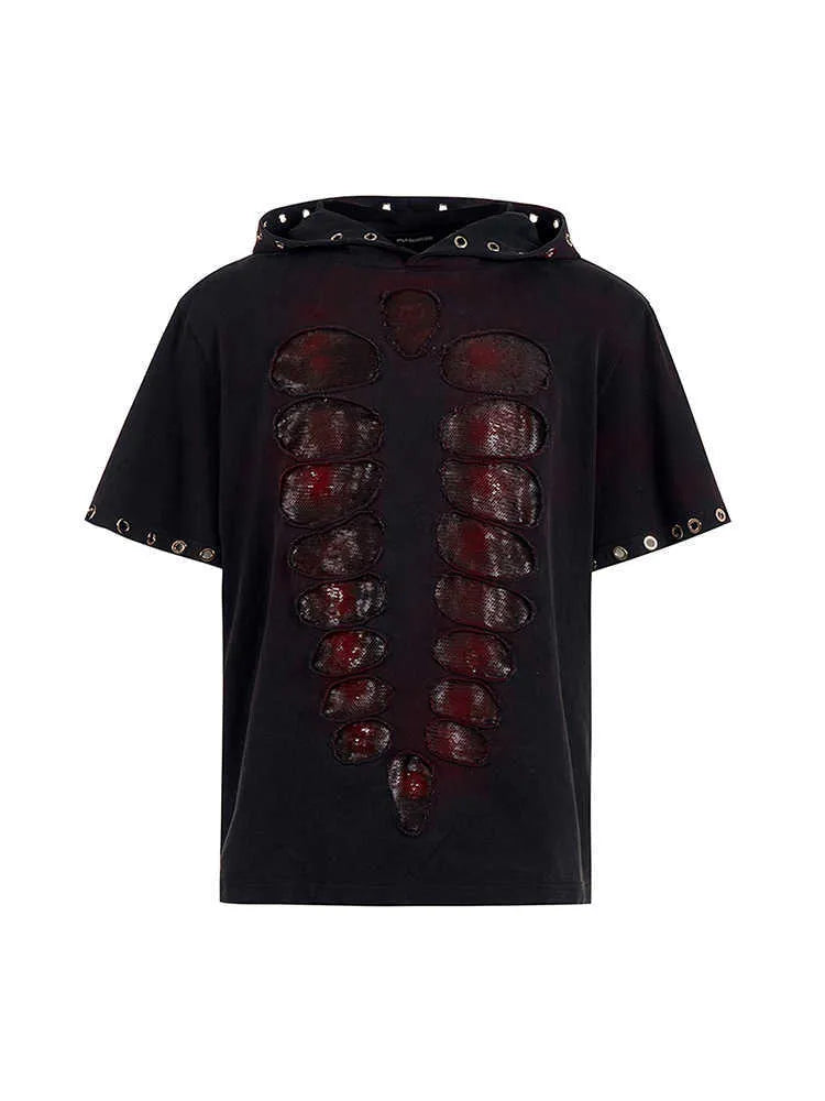 Black men's hooded short-sleeved T-shirt with sequin detailing in loose-fitting style