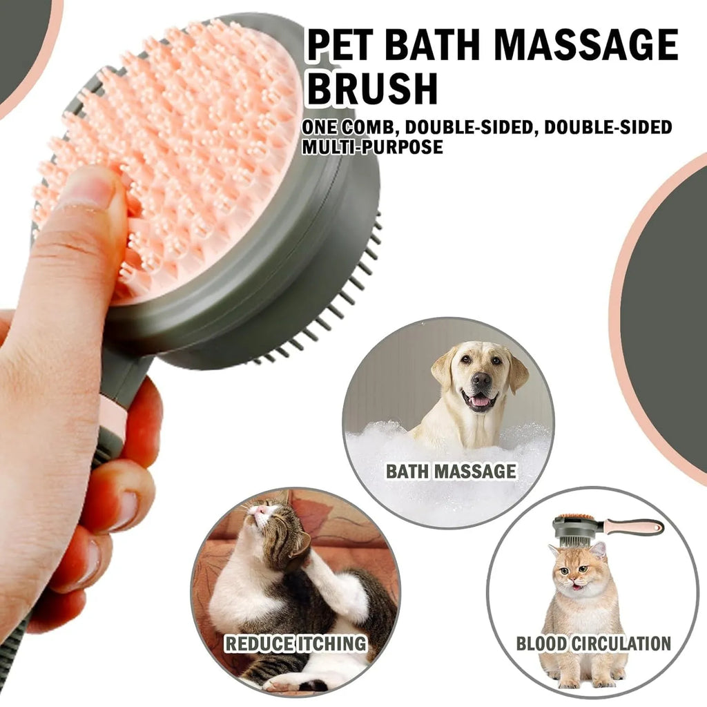 Double-sided cat brush with release button and flea comb in green or pink for grooming indoor cats