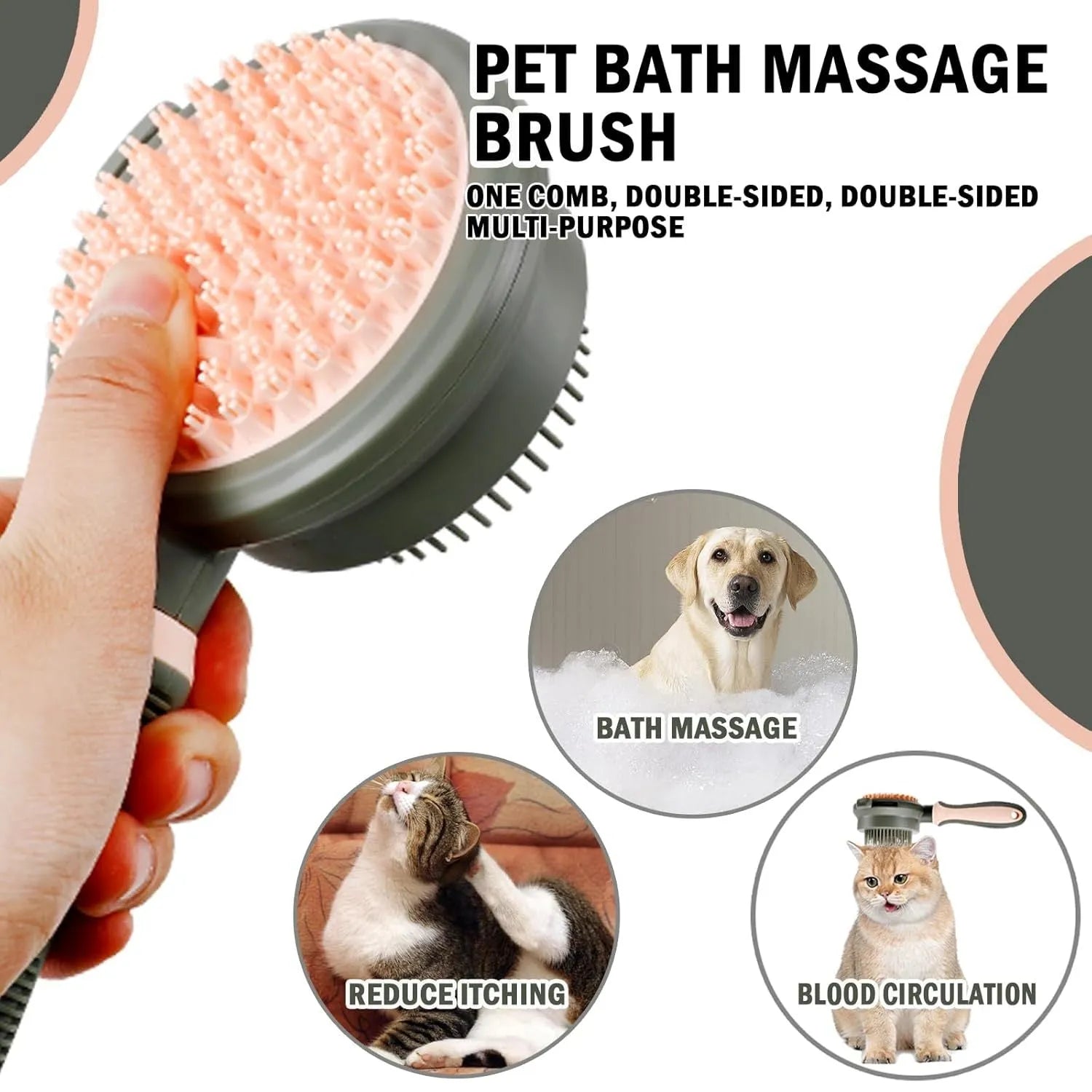 Double-sided cat brush with release button and flea comb in green or pink for grooming indoor cats