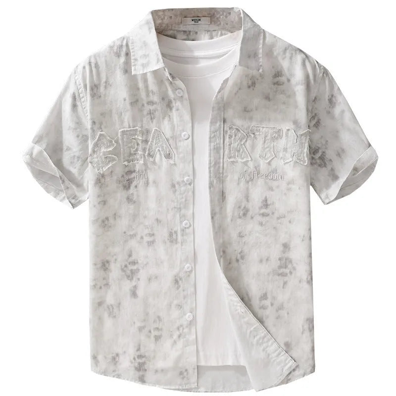 Men's grey white cotton short sleeve cardigan with hanging dyed printed design, loose fit style
