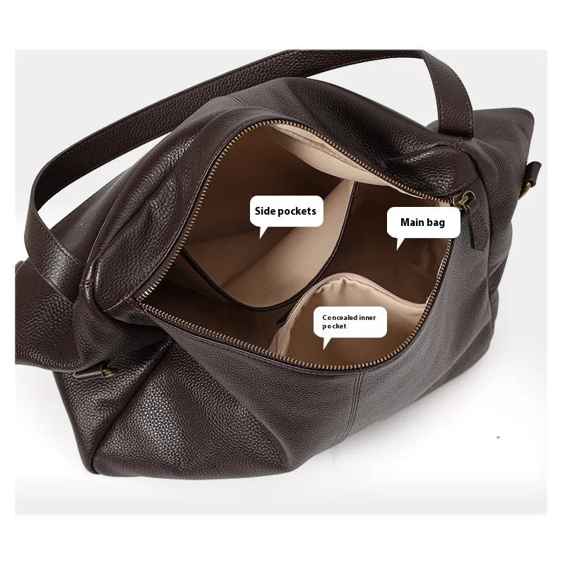 Brown genuine leather women's shoulder bag with a horizontal square shape.