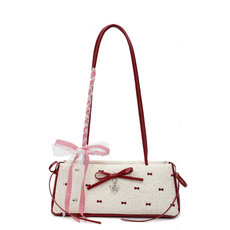 Women's bowknot underarm bag in beige or blue, nylon shoulder handbag 31x9x13 cm with double straps
