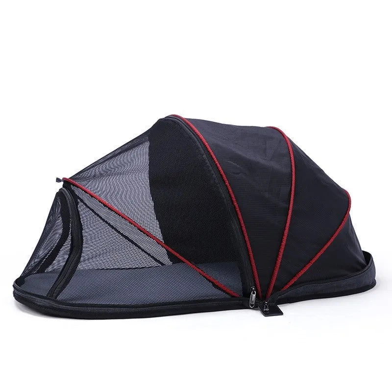 Black half-mesh folding tent for cats showing 50cm dimensions and portable design