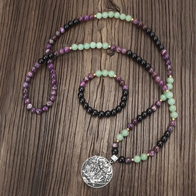 Handmade stone yoga lotus pendant necklace and matching bracelet with alloy centrepiece