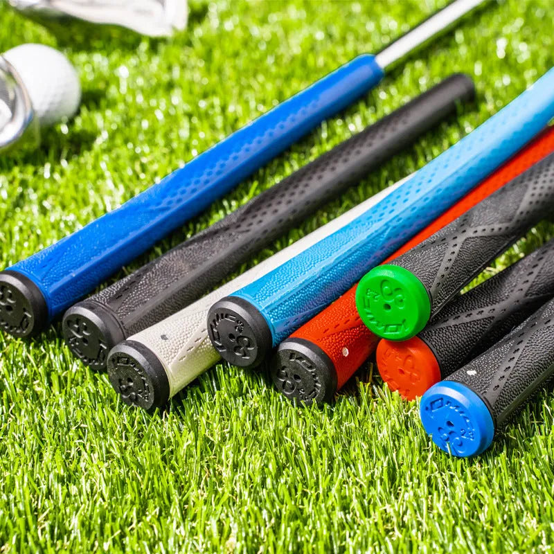 TPE golf club grip showing non-slip texture, available in multiple colours including pink, red, blue, white, and black combinations