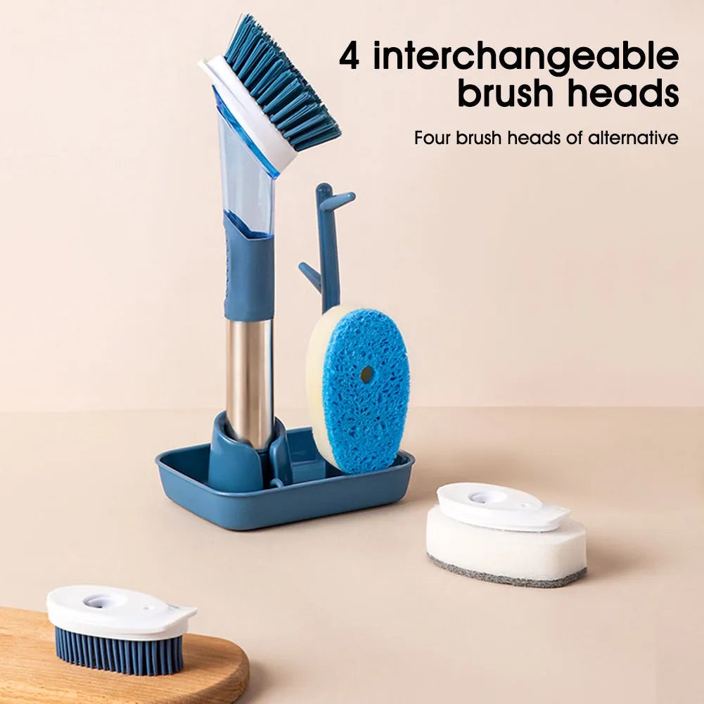 Long handled kitchen cleaning brush with a soap dispenser button and a stainless steel scouring block.