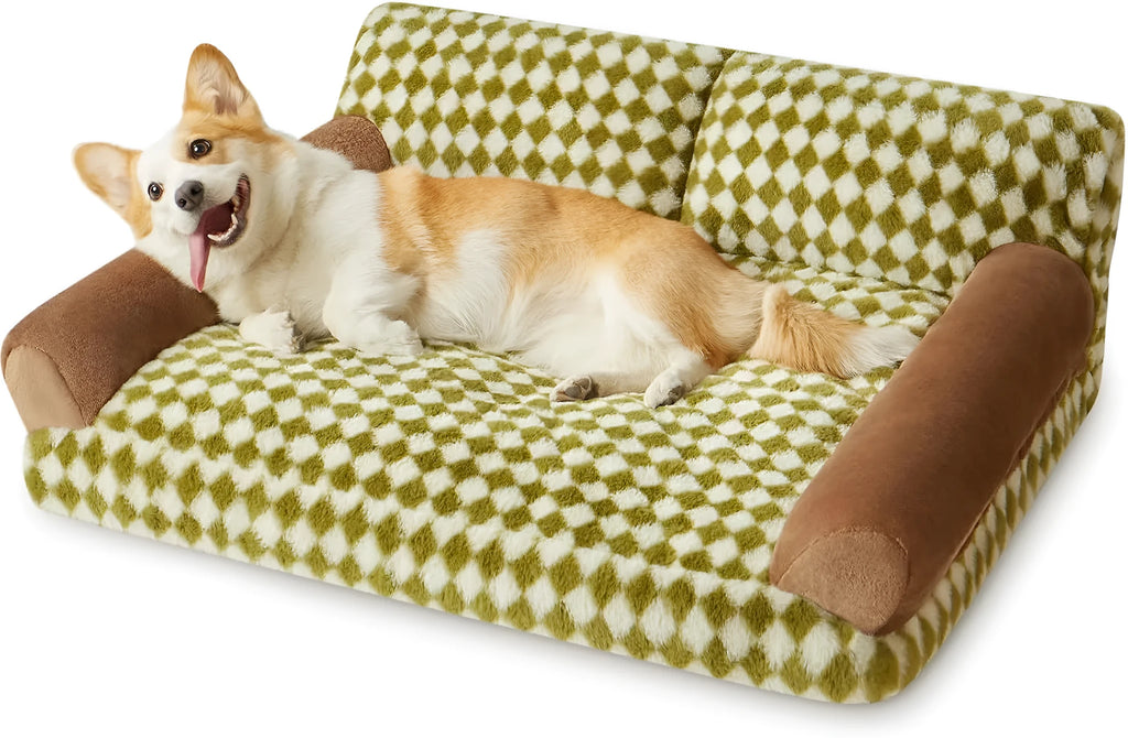 Checkered pattern pet sofa bed for small cats and dogs on a wooden floor.