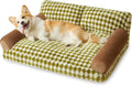 Checkered pattern pet sofa bed for small cats and dogs on a wooden floor.