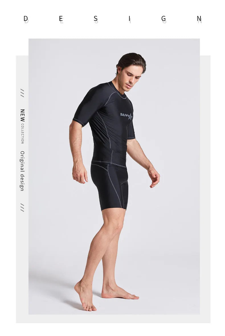 Men's blue quick-dry nylon two-piece swim set with half-sleeve top and swim pants laid flat