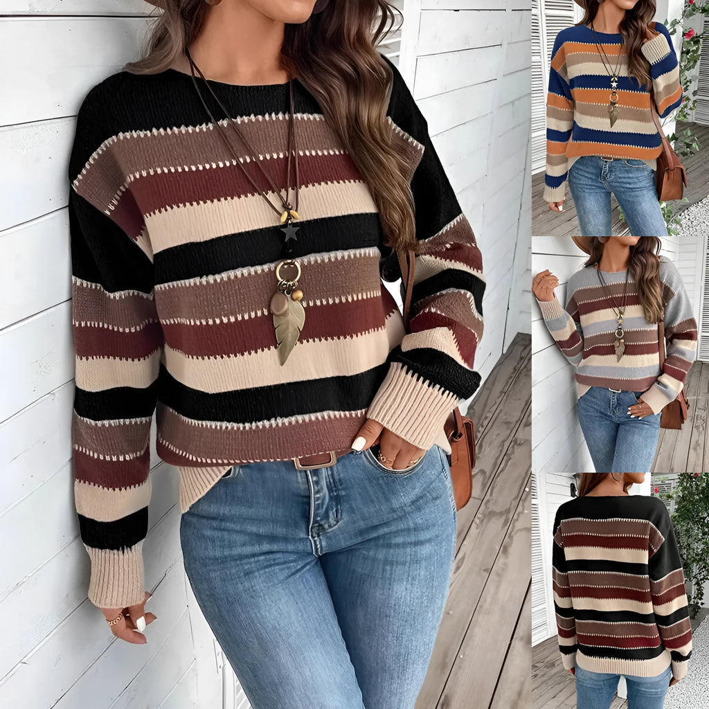 Women's colourblock striped pullover sweater in polyester fabric for autumn winter casual wear