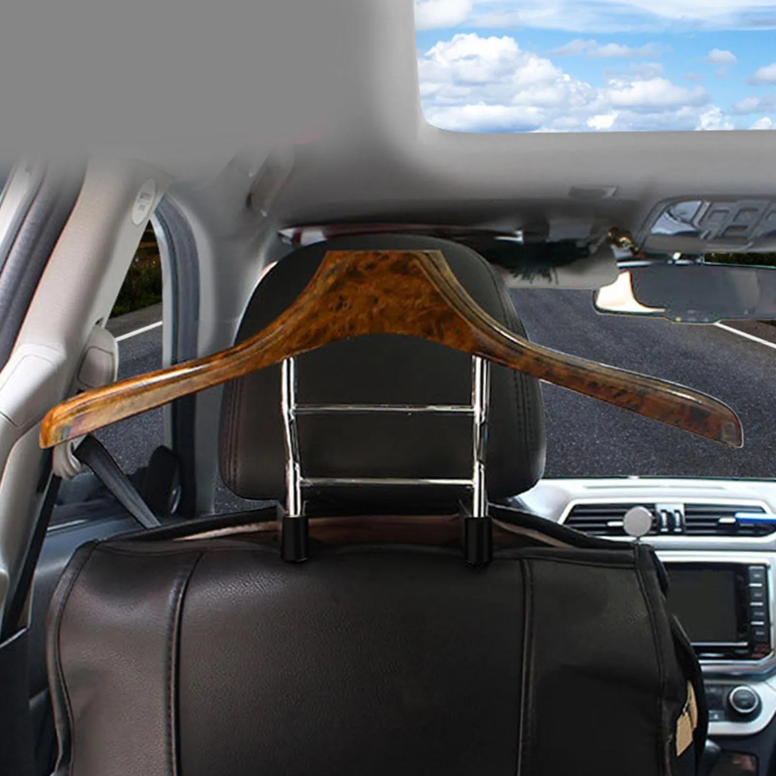 Wood yellow car mounted clothes hanger with stainless steel frame measuring 46.5cm by 23cm for suits and coats