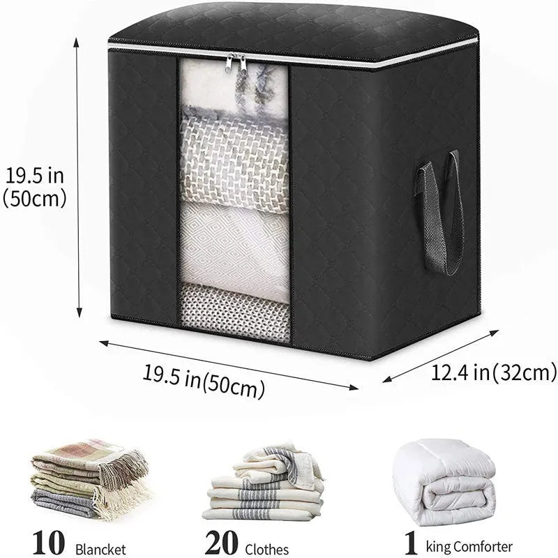 Non-woven storage bag for quilts and clothing with handbag design in beige colour showing seal function
