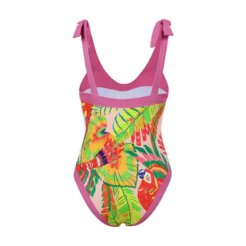 Pink floral print one-piece swimsuit with V-neck and attached skirt for women