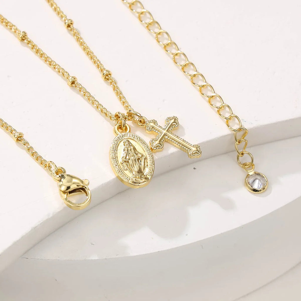 Ornament Cross Virgin Mary Necklace with geometric pendant in 18K gold plating on copper chain