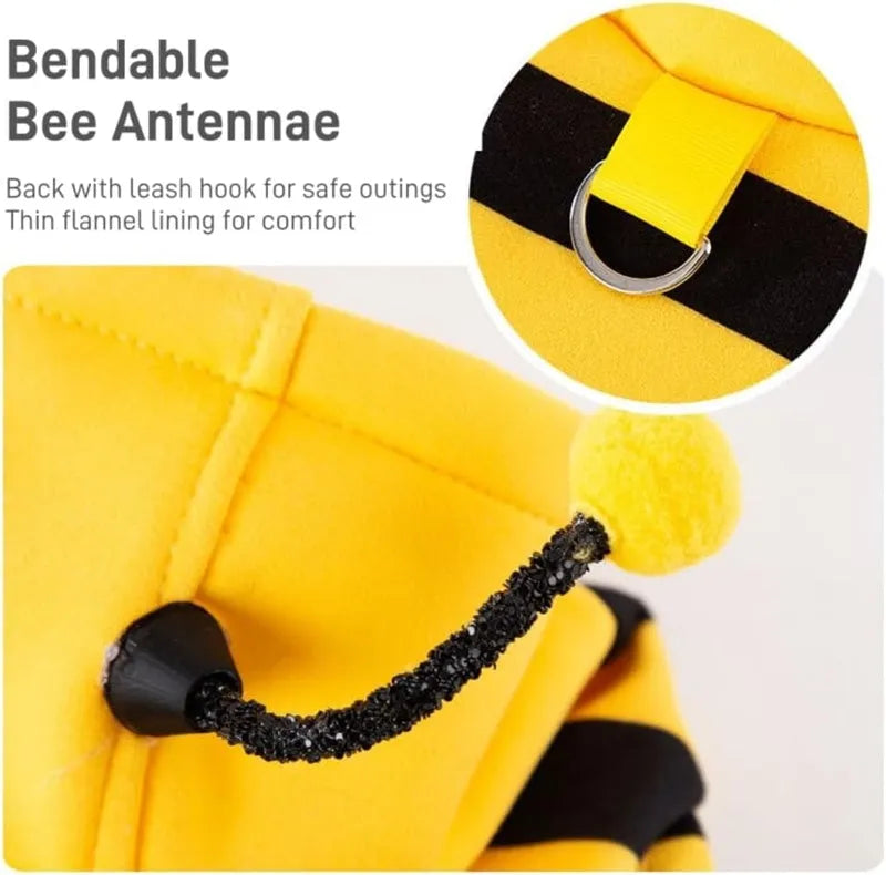 Yellow and black striped bee antenna hoodie for small dogs and cats with flexible antennae and back belt hook
