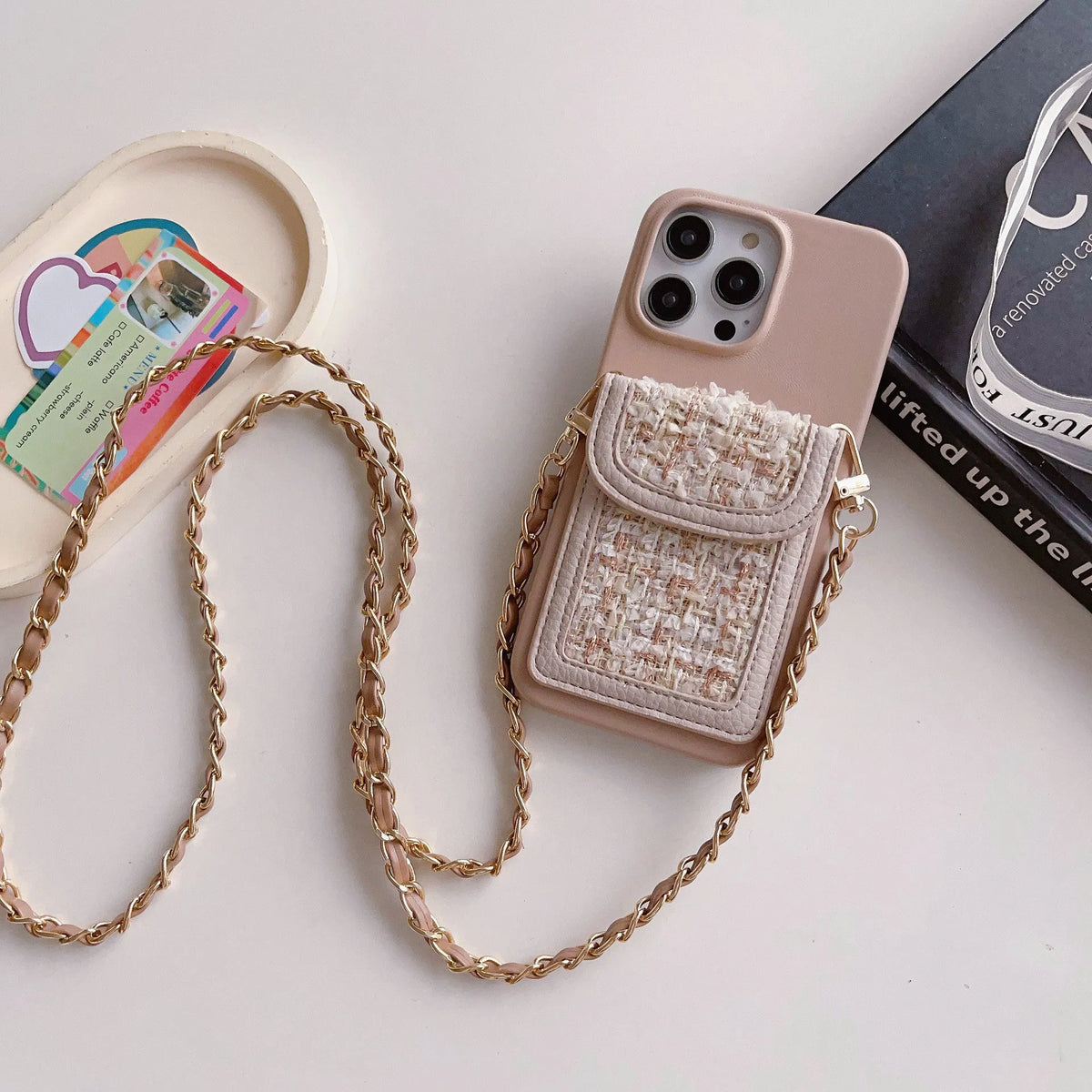 Crossbody chain card holder phone case in PU leather with frosted finish, shown in black, green, purple, white