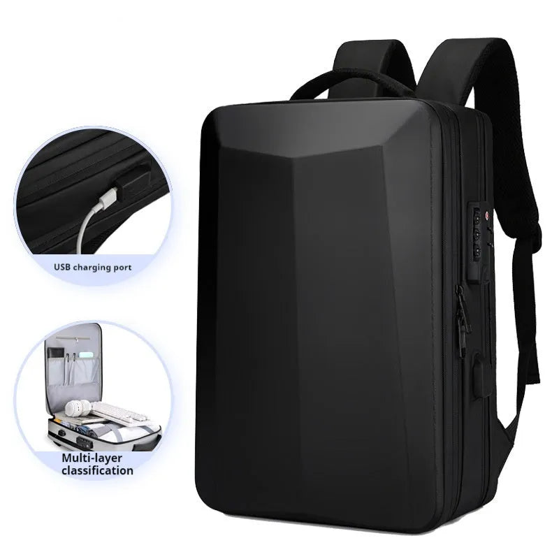 Waterproof business backpack with curved shoulder strap, 20-35L capacity, available in black and silver white colours