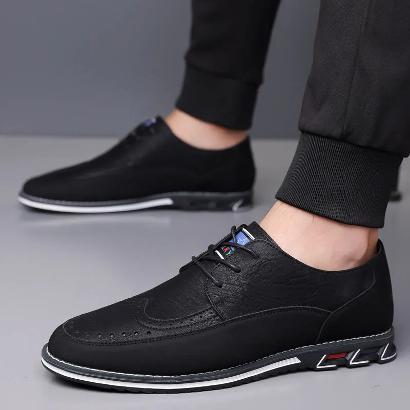 Men's leather shoes with rubber soles in black, grey, khaki and orange colours