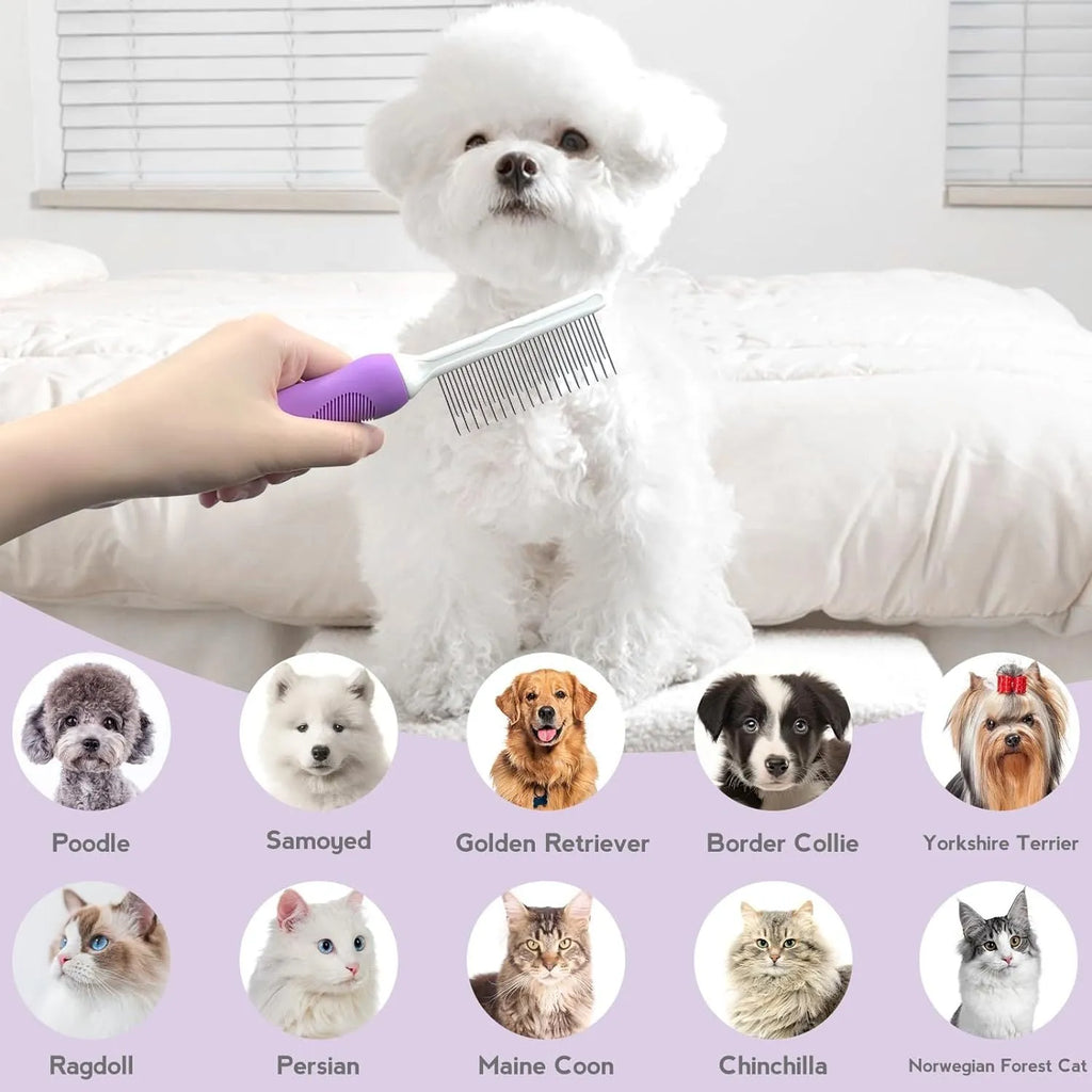 Purple detangling pet comb with stainless steel teeth for grooming dogs and cats, showing ergonomic handle