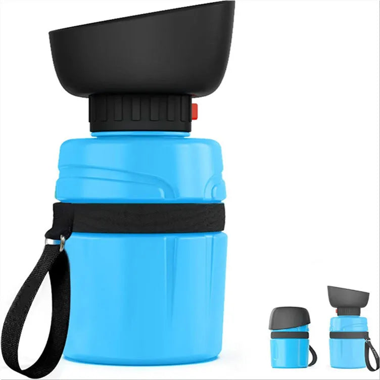 Blue portable dog water bottle with fold-out drinking cup, 520ml capacity.