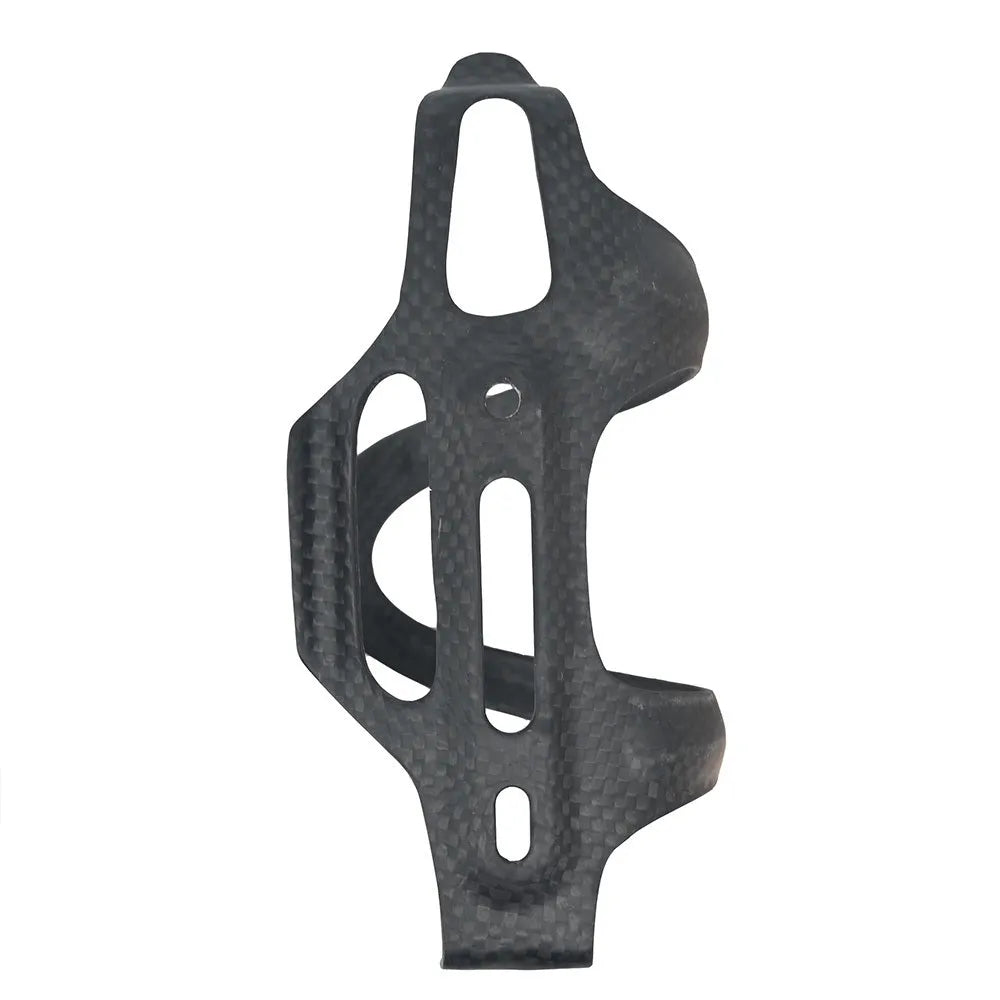 Black carbon fibre side pull water bottle cage for bicycles with 145mm height and 76mm width