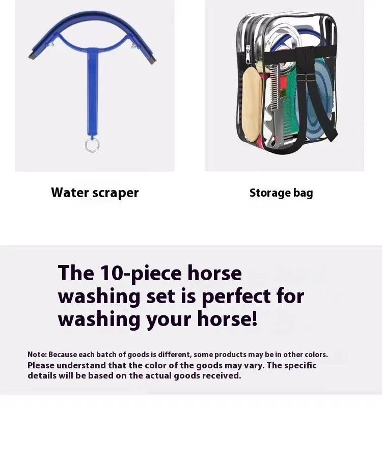 10-piece horse grooming brush set with storage bag including brushes, combs, and hoof tool