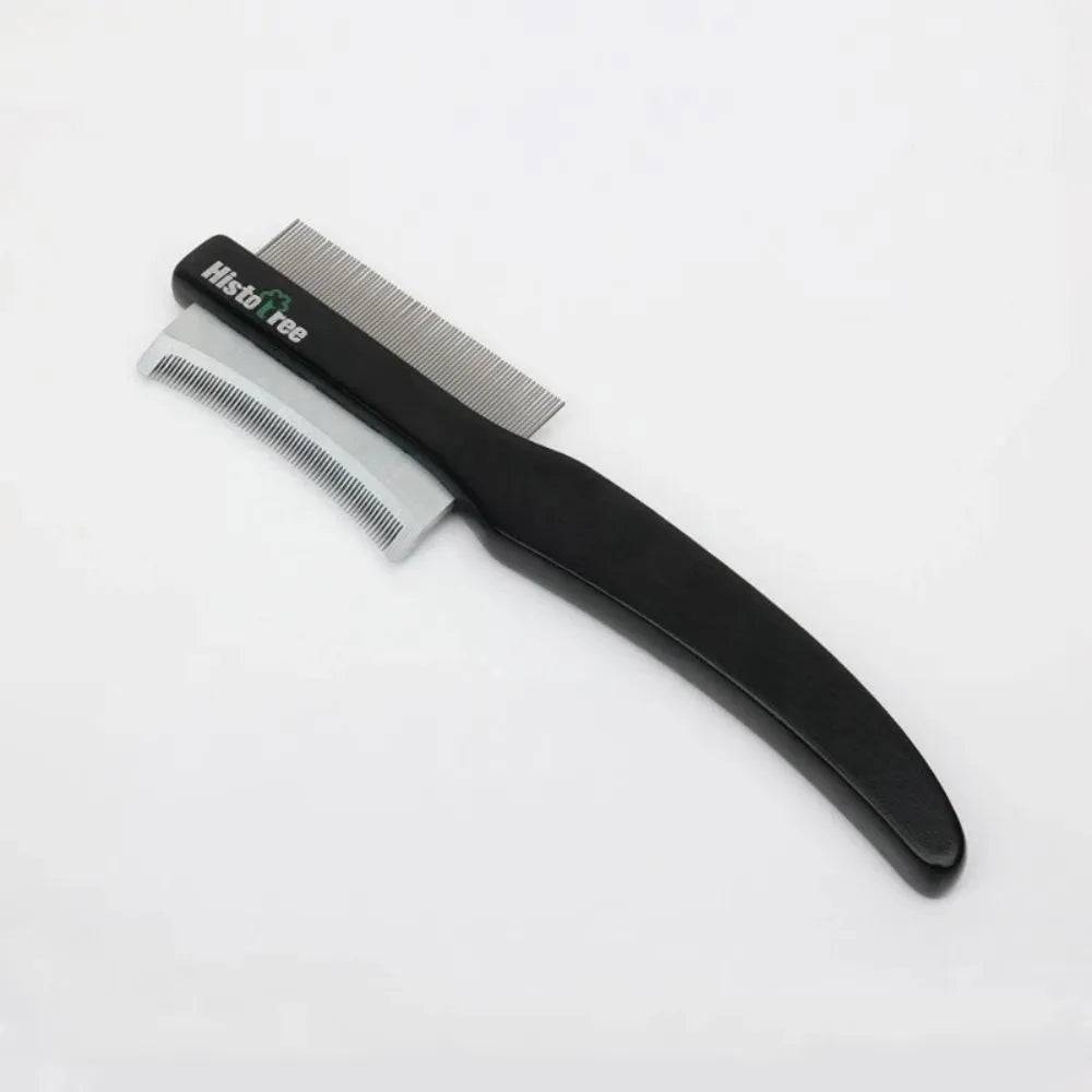 Black double-sided pet grooming comb with wooden handle and stainless steel teeth for cat and dog grooming