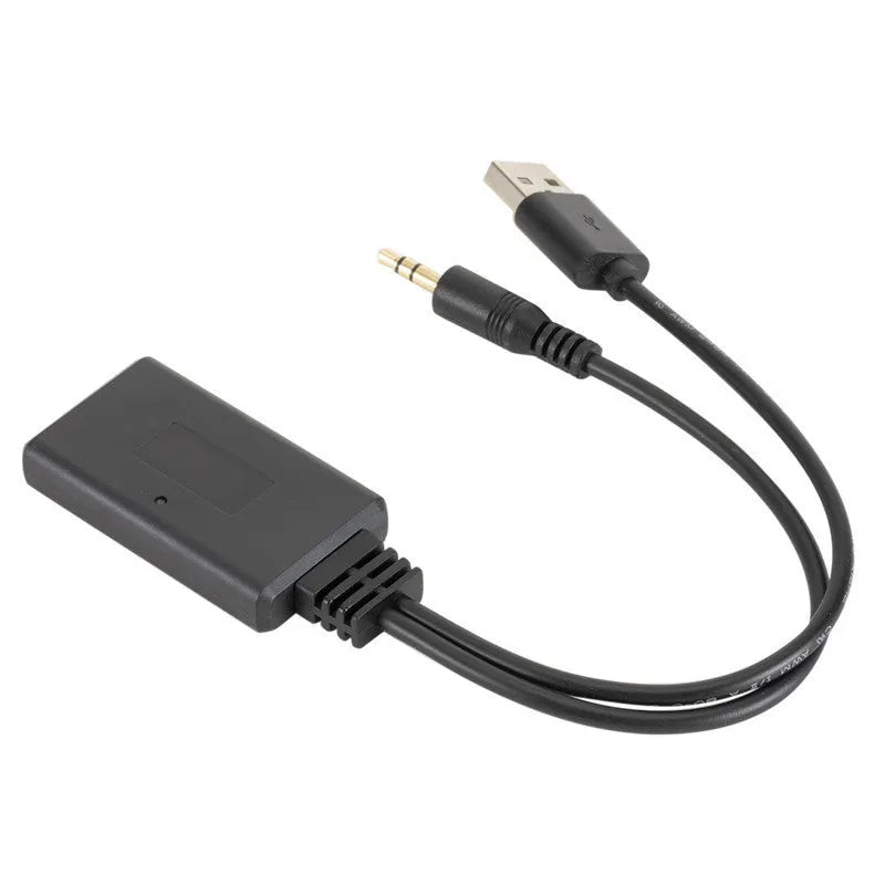Black car AUX Bluetooth audio receiver with 3.5mm plug and USB cable for wireless music streaming