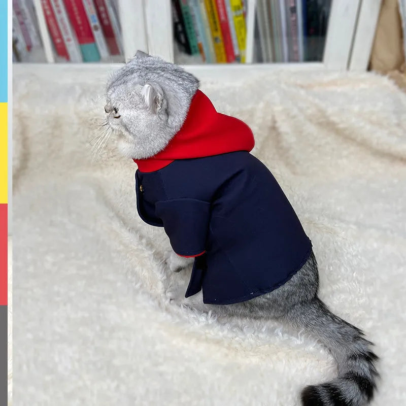 Cat wearing tiger staff yuren coloured hoodie with adjustable neck opening for photography