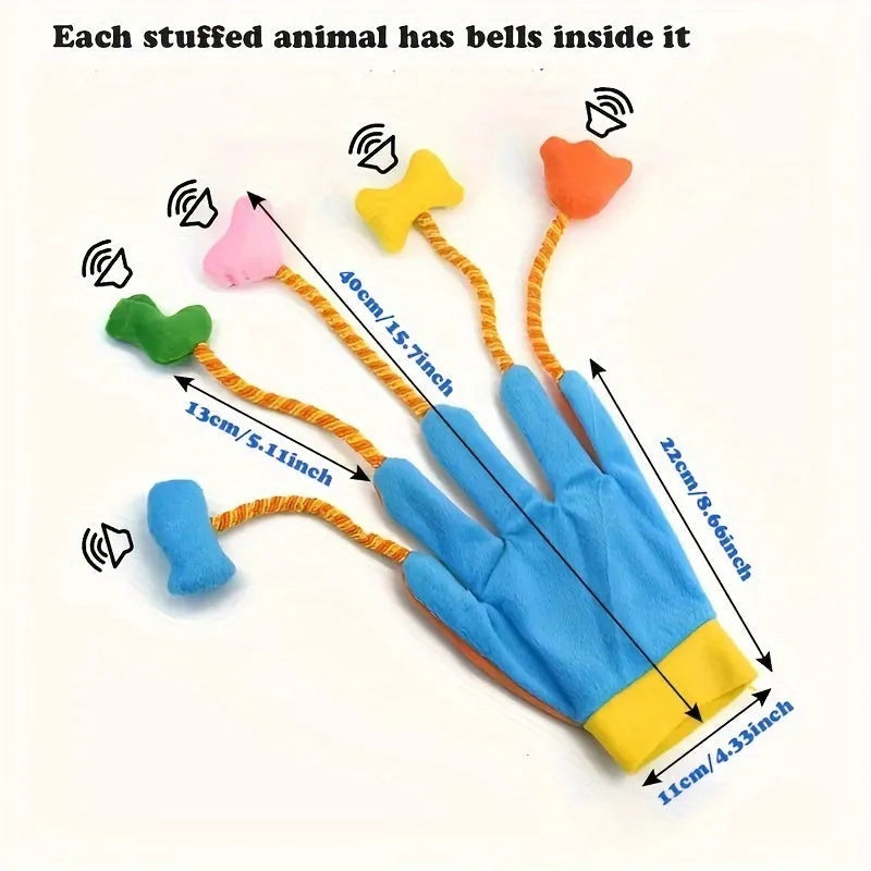 Magic Glove plush cat toy measuring 40cm by 11cm with integrated bell in yellow and blue colour options