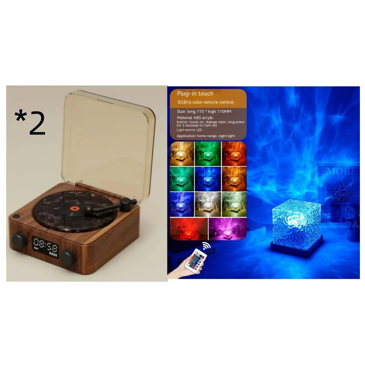 Retro-style Bluetooth speaker with rotating vinyl turntable and RGB coloured lighting effects