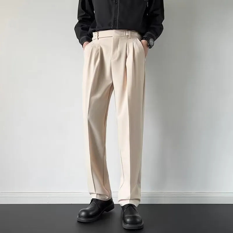 Men's straight-leg suit trousers in apricot or black colour, sizes M to 2XL, made from 100% polyester