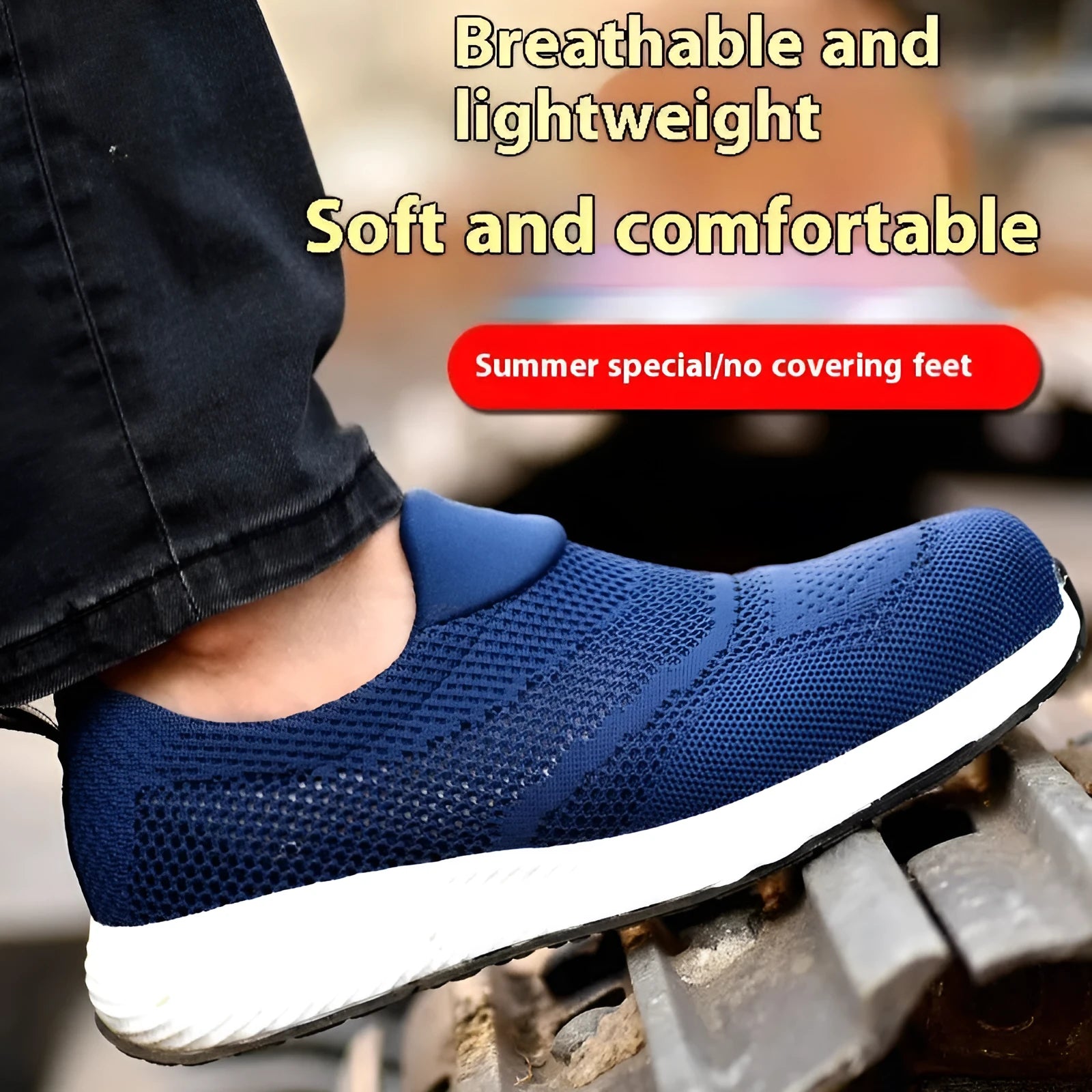 Men's black lightweight steel toe work shoes with mesh upper for industrial safety