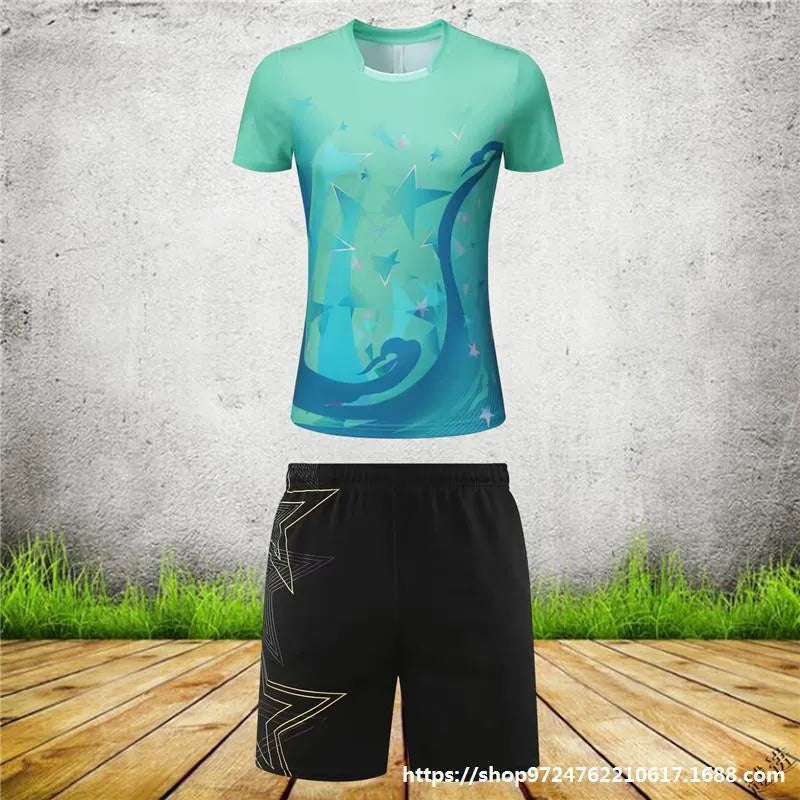 Badminton outfit set showing short-sleeved top and trousers in sapphire blue colour