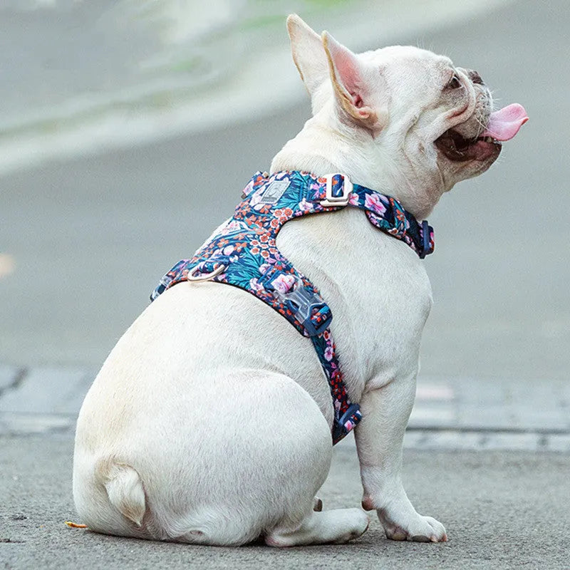 Floral pattern pet chest strap made from pure cotton with adjustable straps and metal buckles