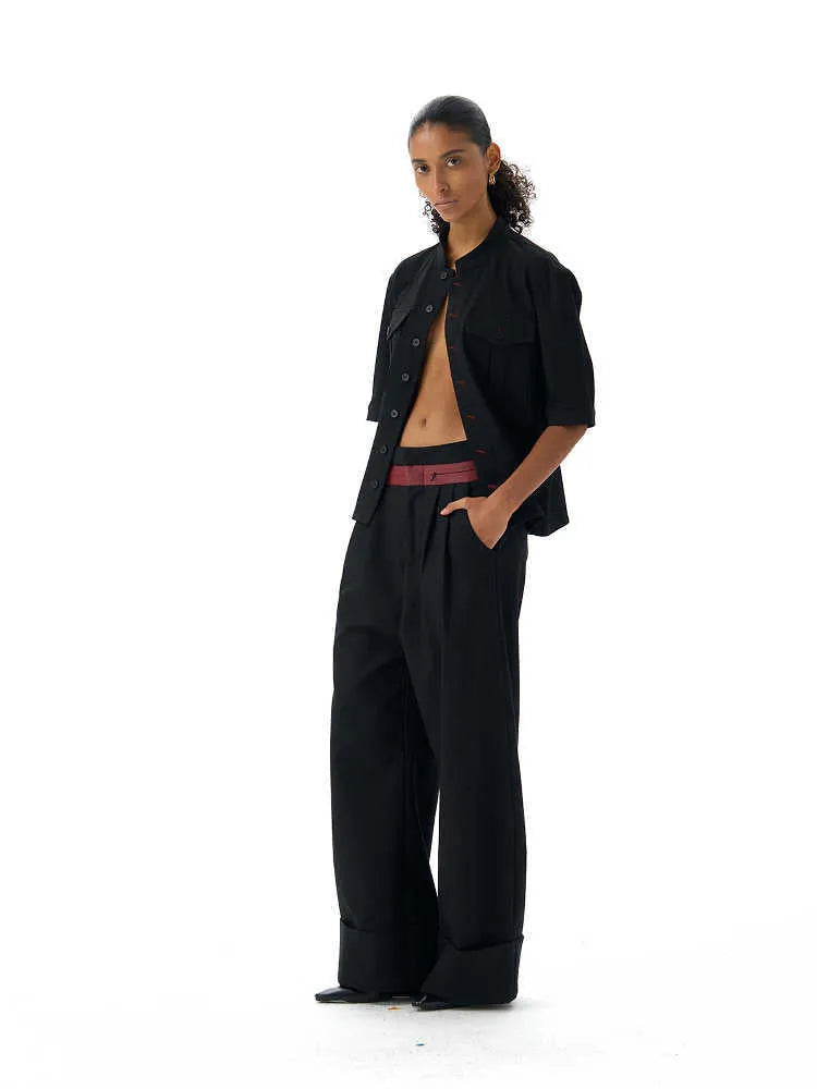 Handmade red eye hunting suit half sleeve shirt in black, loose fit with shirt collar and single-breasted placket