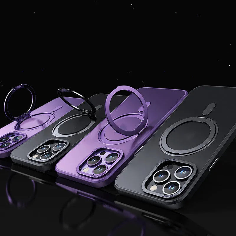 Transparent magnetic shockproof iPhone case for models 11 to 15, shown in black, grey, purple, and clear.
