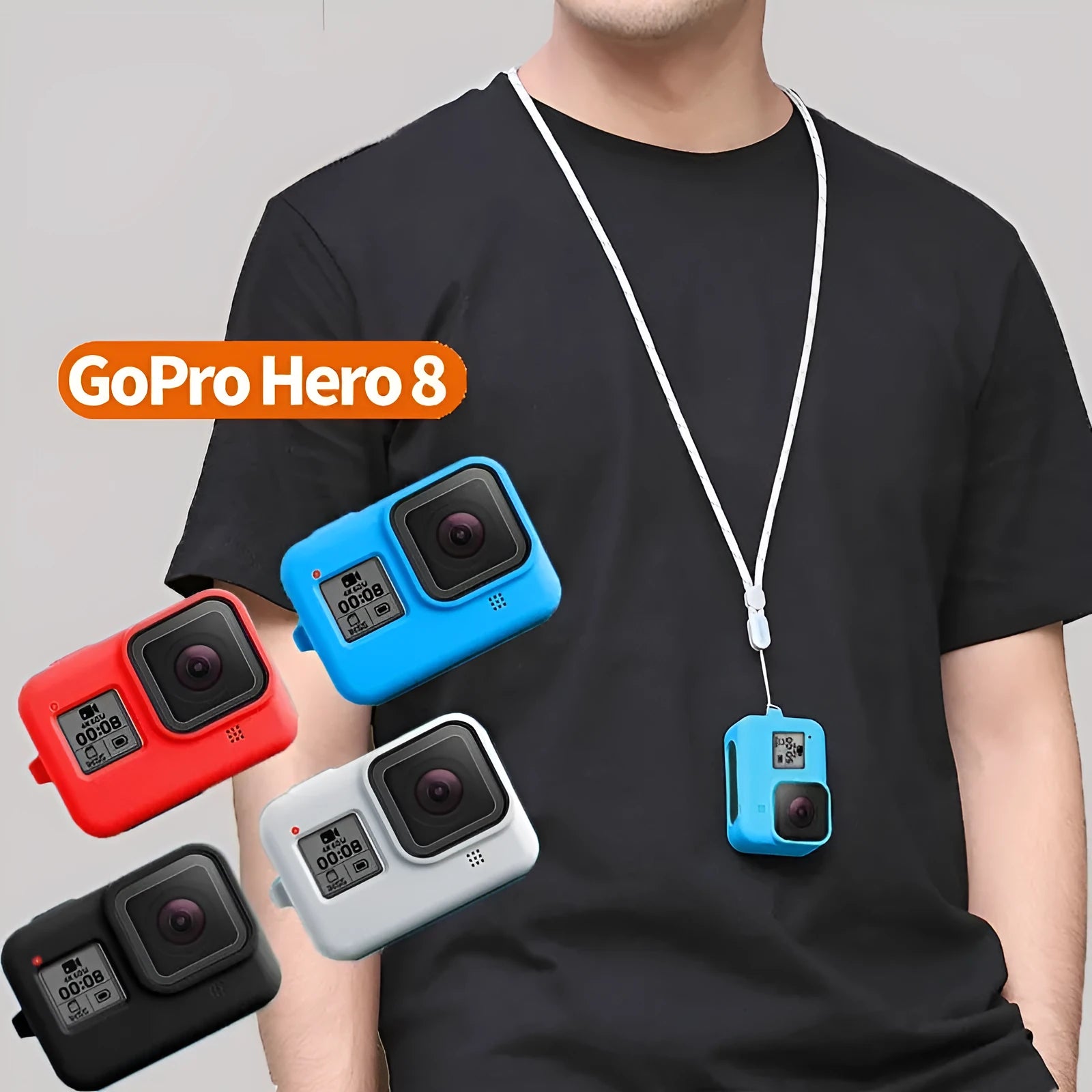 Blue silicone protective sleeve and wrist strap for GoPro Hero8 Black camera with app bag.