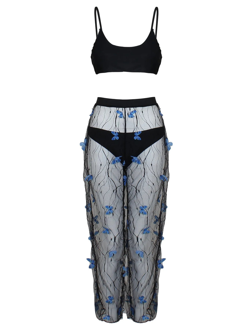 Black women's bikini set with butterfly embroidery showing top, underwear and pants pieces