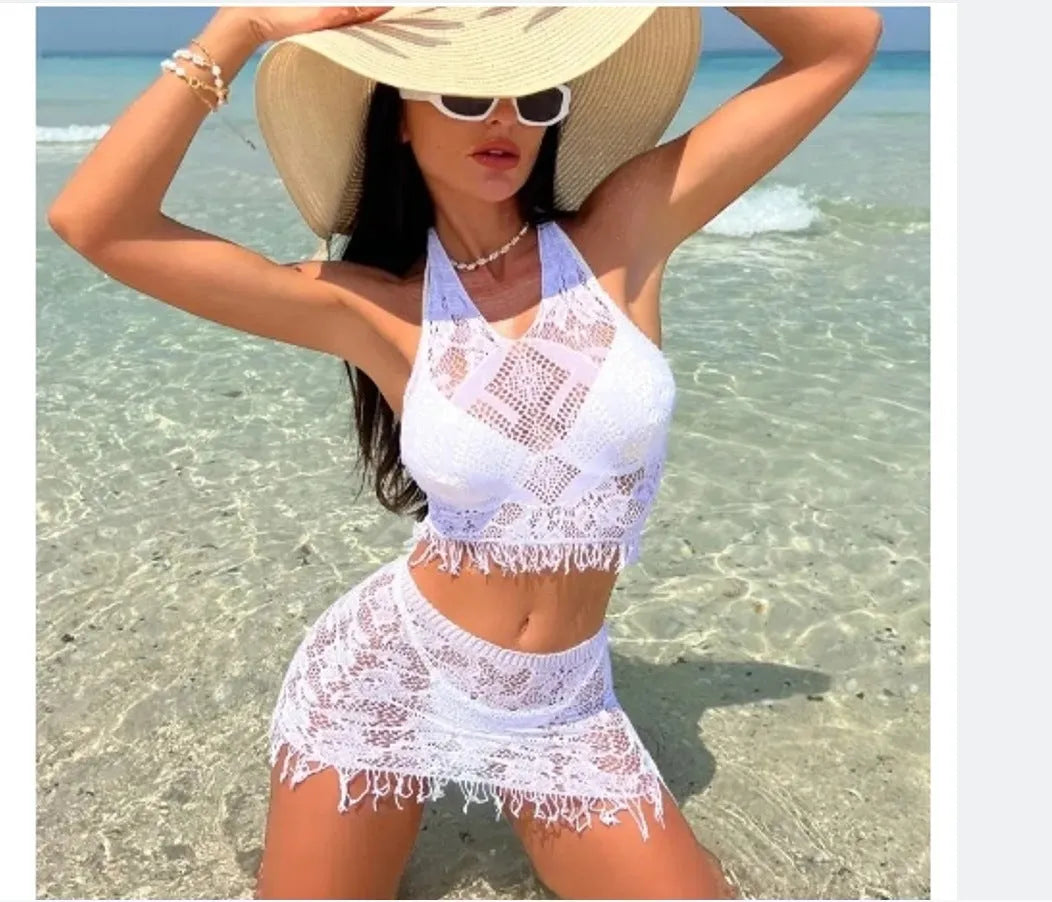 Women's white two-piece swimsuit with tassel beach cover-up skirt for swimming sports