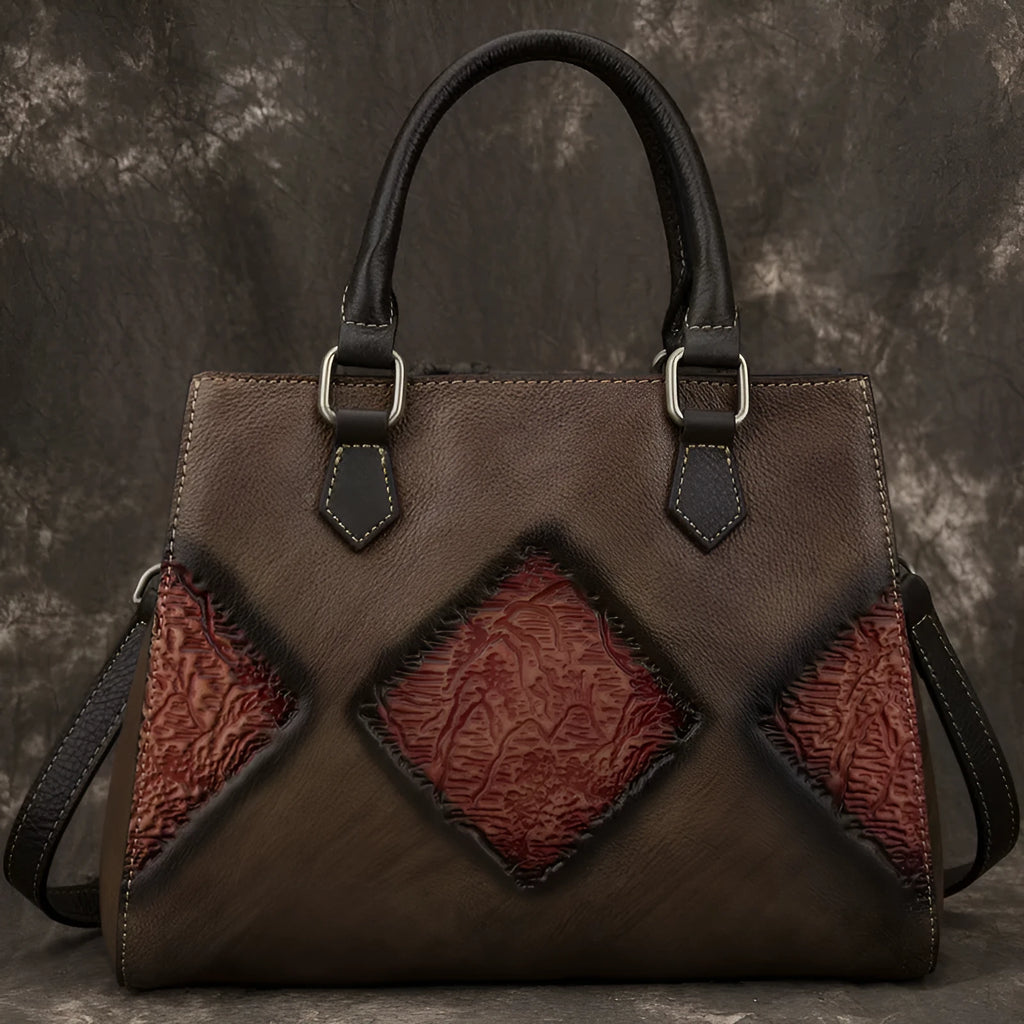 Top layer cowhide retro women's handbag, horizontal square 28cm zip messenger bag with soft handle