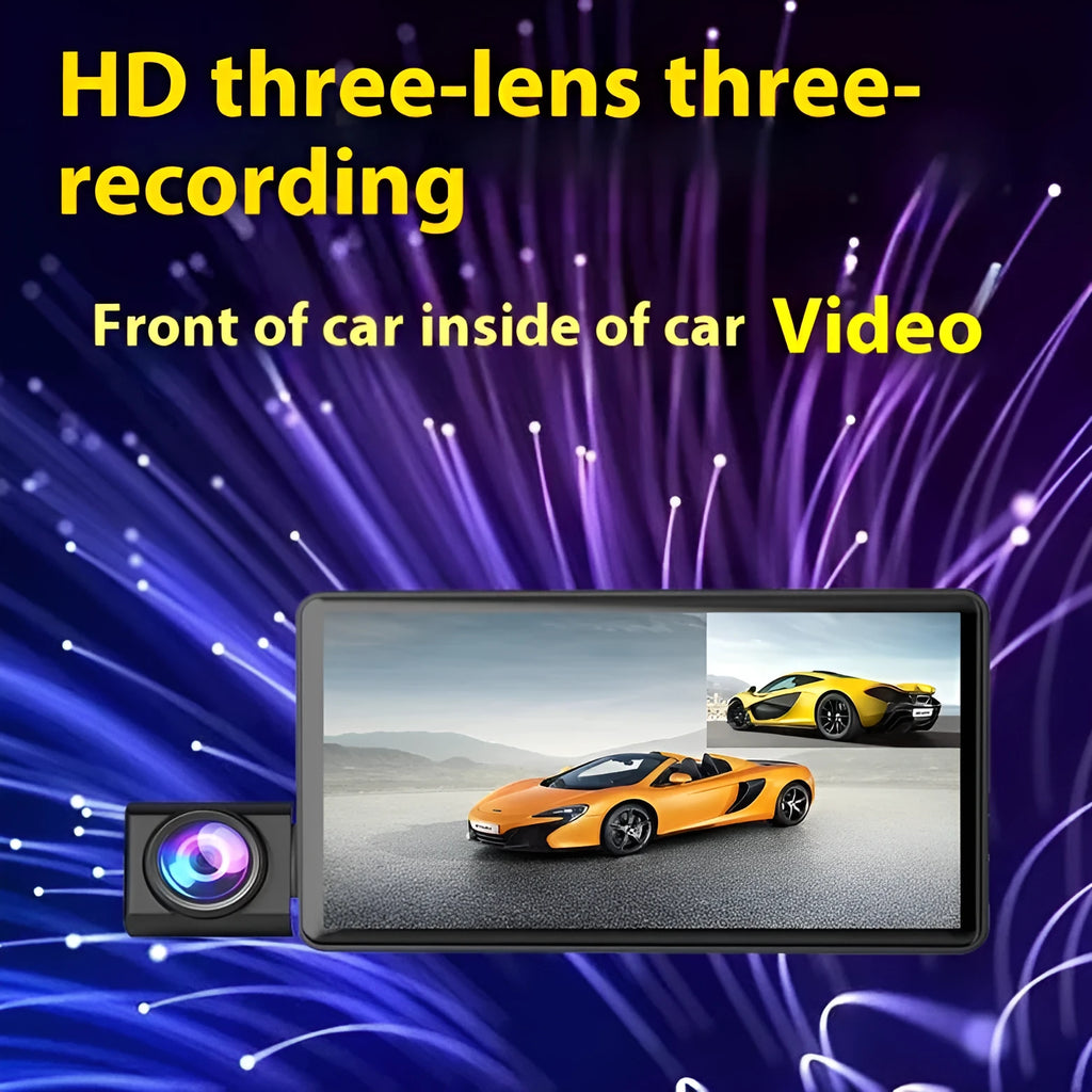 Black 4-inch touch screen car dash cam with three lenses for front, rear, and interior recording