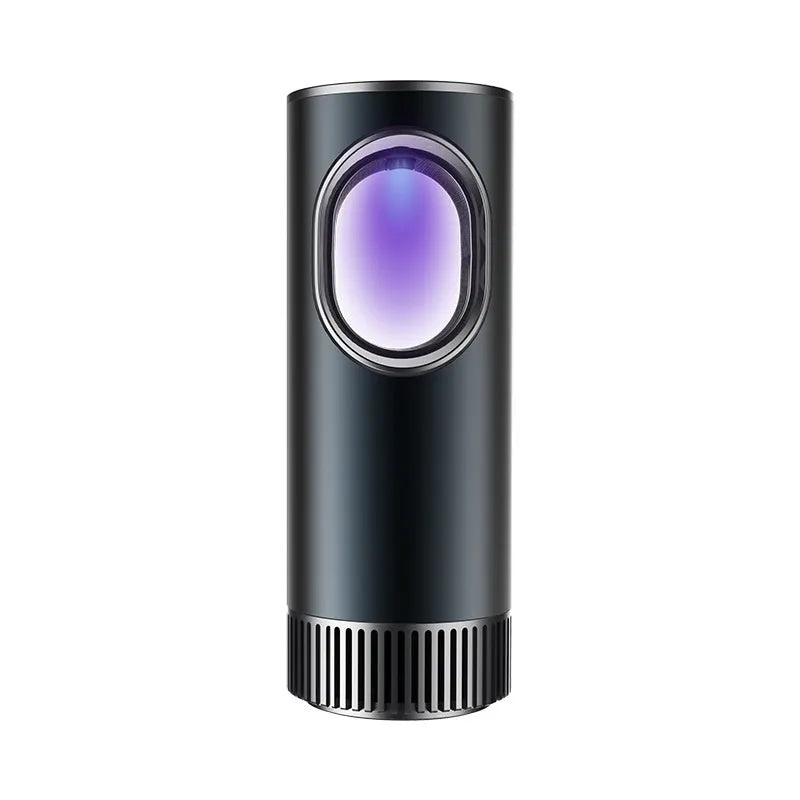 Black smart car air purifier for formaldehyde removal and ion generation, with USB cable.
