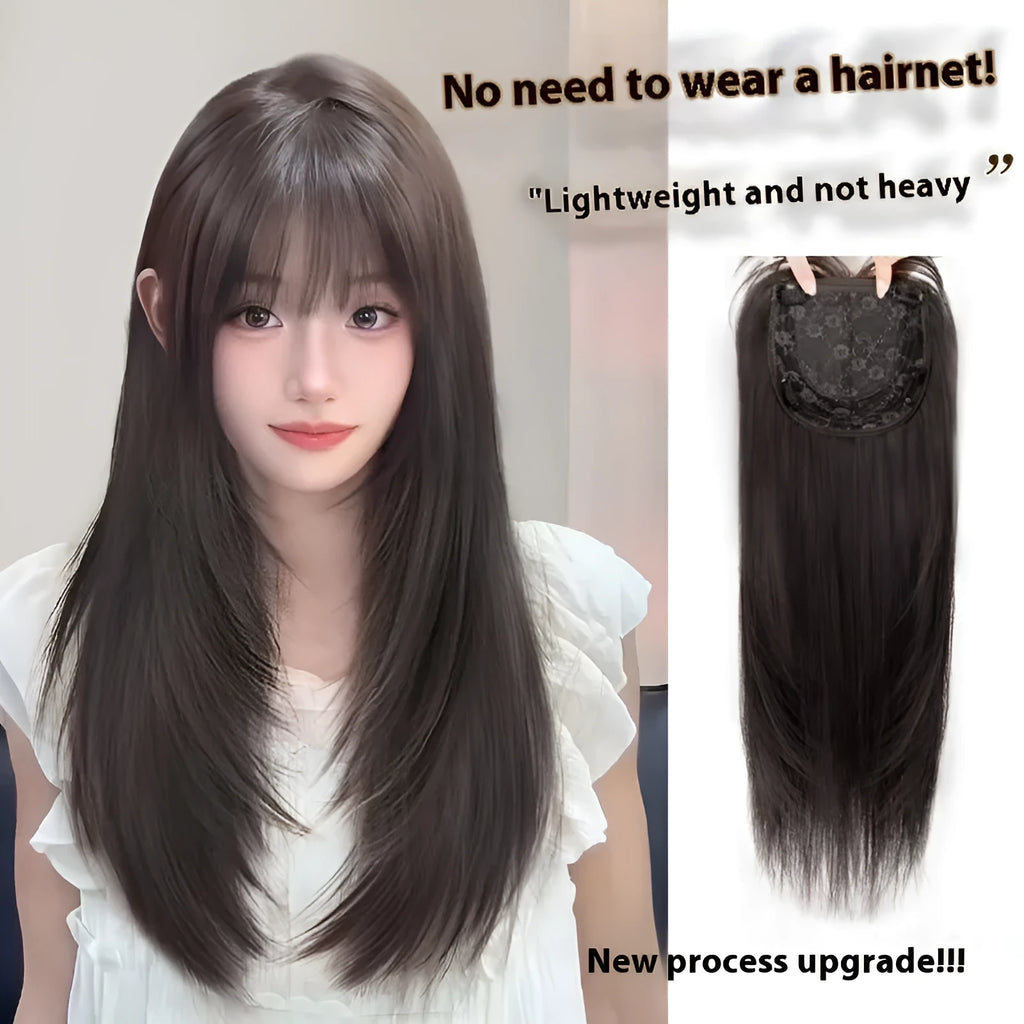 Black long straight layered wig with integrated hair net for women